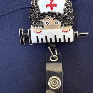 Black Nurse Glitter Badge Buddy - Syringe