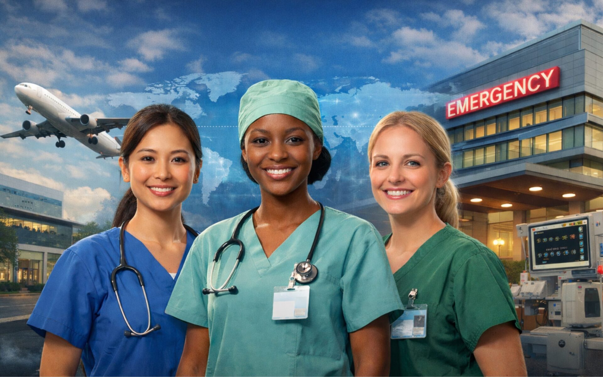 International nurses outside a hospital, symbolizing global workforce planning for 2026