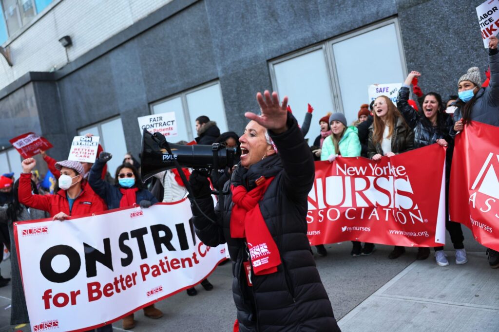 Nurses from Mount Sinai Hospital on strike outside the hospital on in the Upper East Side neighborhood of New York City on January 9, 2023.
Photo by Michael M. Santiago/Getty Images