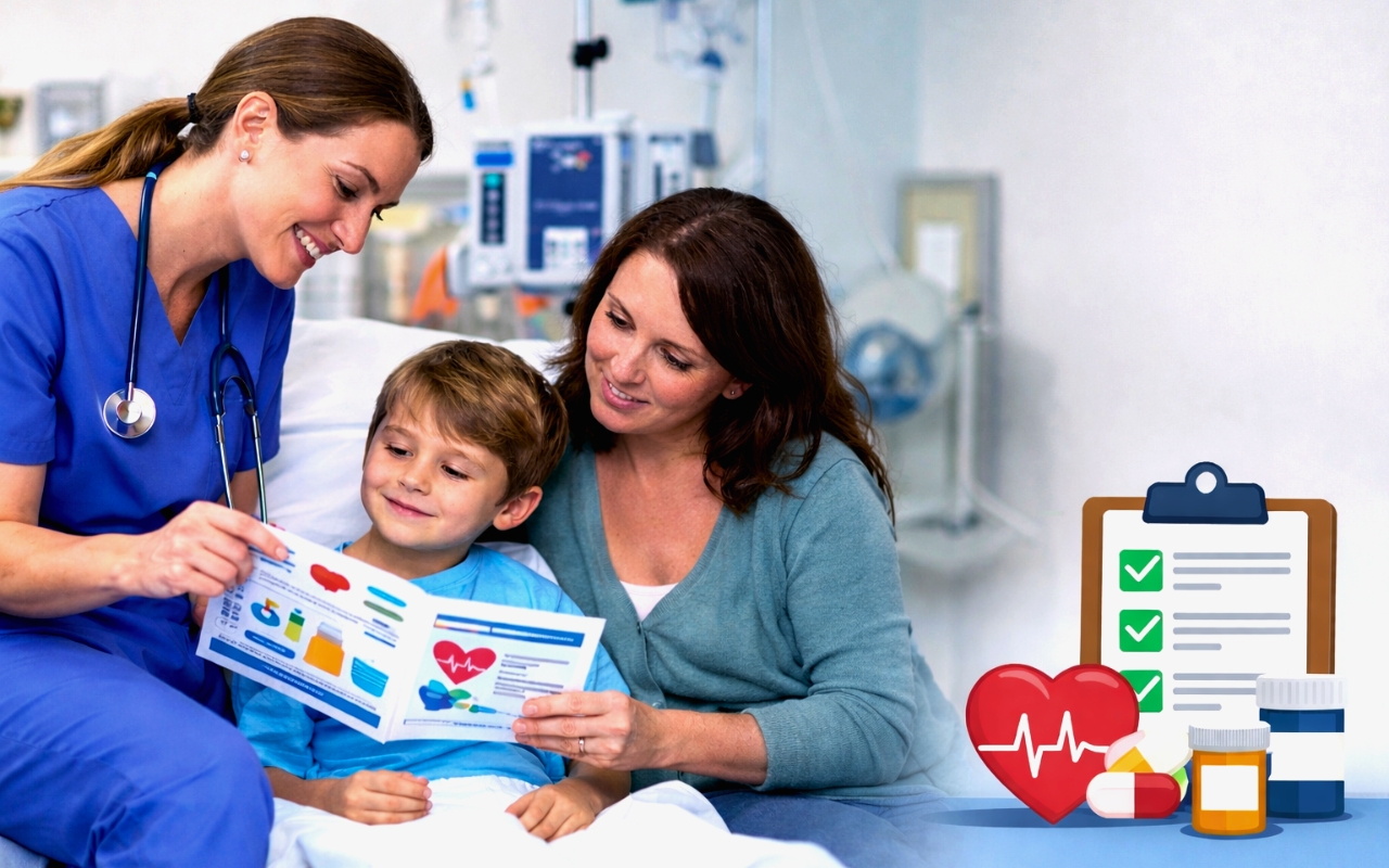 A pediatric nurse reviews discharge instructions with a caregiver and child, part of a health literacy initiative designed to improve understanding and reduce readmissions after heart surgery.